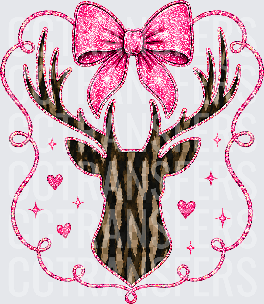 Glitter Pink Bow Buck Head with Hearts and Sparkles (DTF)