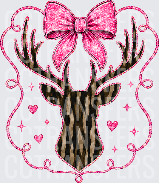Glitter Pink Bow Buck Head with Hearts and Sparkles (DTF)