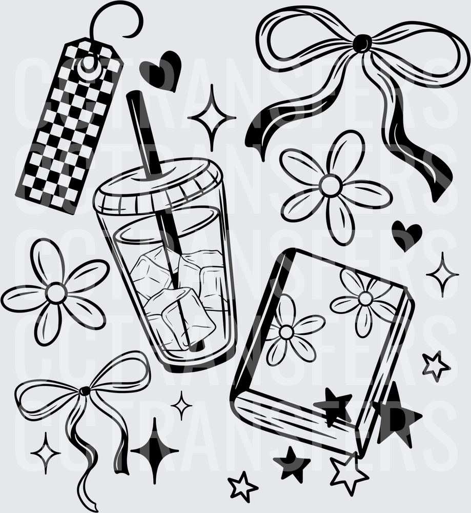 Coquette Iced Coffee Book Bows Daisy Stars Collage (DTF)