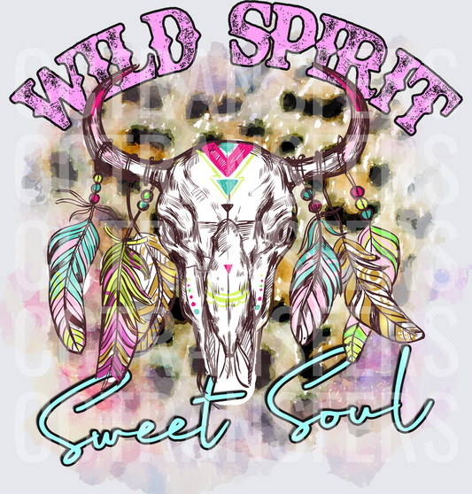 Wild Spirit Sweet Soul Boho Bull Skull Feathers (DTF)