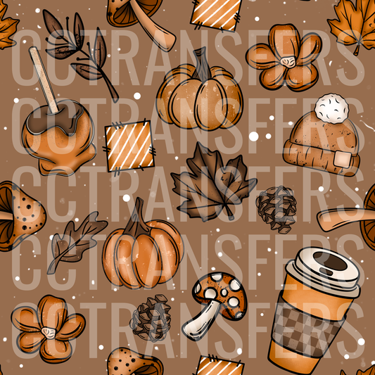 Cozy Fall Autumn Pattern Pumpkins Coffee Mushrooms (DTF)