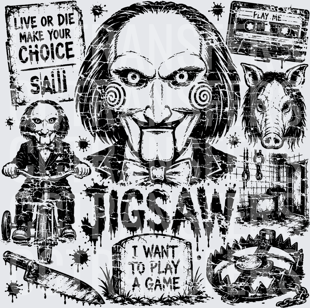 Jigsaw I Want To Play A Game Live Or Die Horror Collage (DTF)