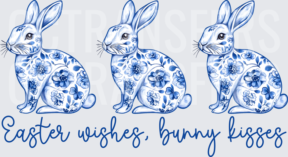 Easter Wishes Bunny Kisses Blue Floral Chinoiserie Rabbits (DTF)