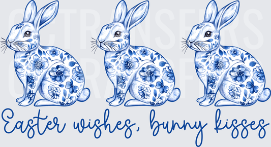 Easter Wishes Bunny Kisses Blue Floral Chinoiserie Rabbits (DTF)