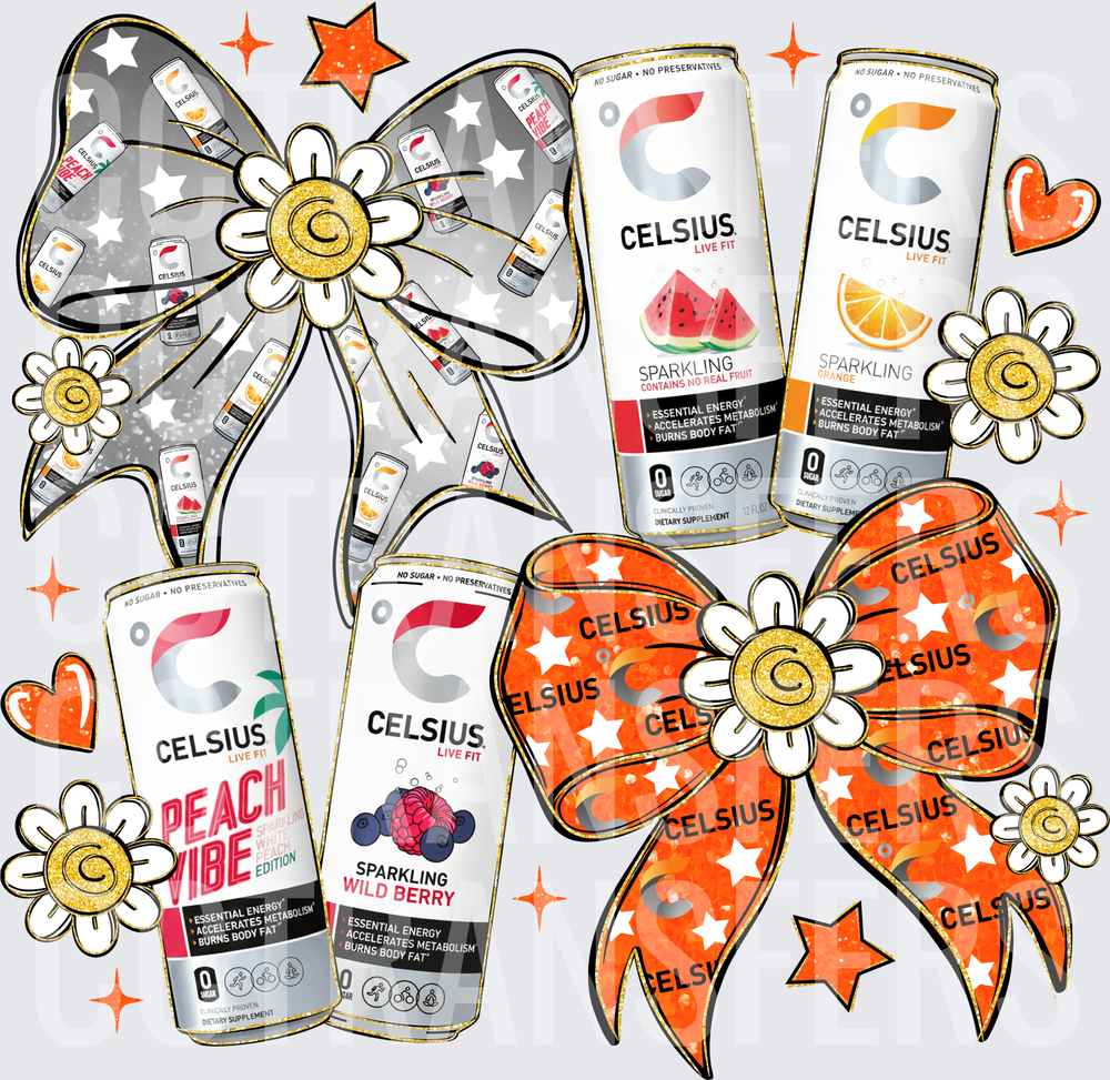 Sparkling Energy Drink Cans Bows Daisies Stars Design (DTF)