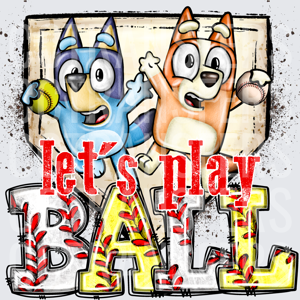 Let's Play Ball Blue & Orange Cartoon Dogs Baseball Softball DTF