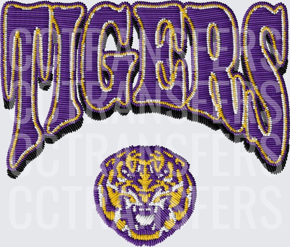 Tigers Embroidery Style Purple Gold Lettering with Paw (DTF)