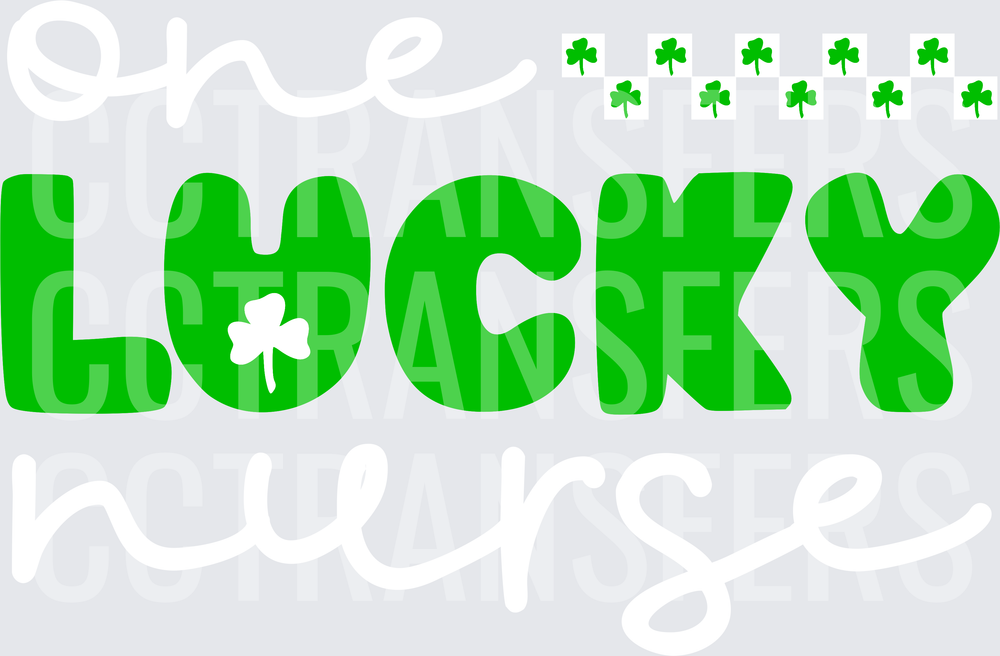 Lucky Bold Green Text with Shamrock and Floating Clovers (DTF)