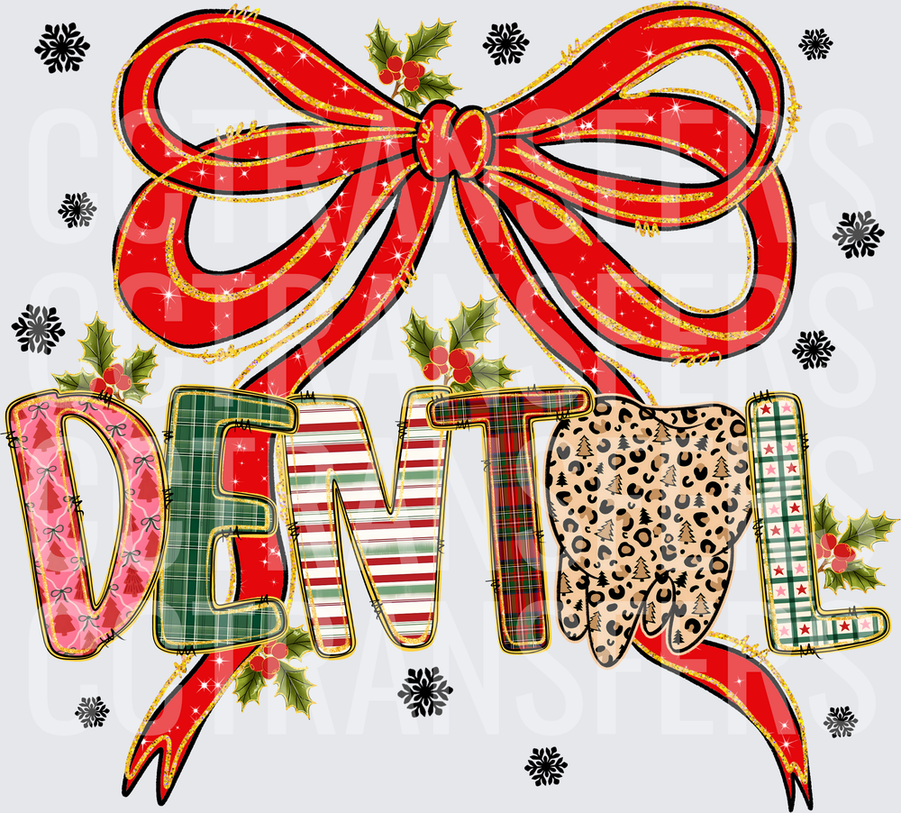 Christmas Dental Patterned Letters Red Bow Holly Snowflakes (DTF)