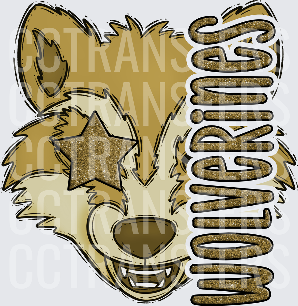 Glitter Wolverines Wolf Mascot Star Eyes Logo (DTF)