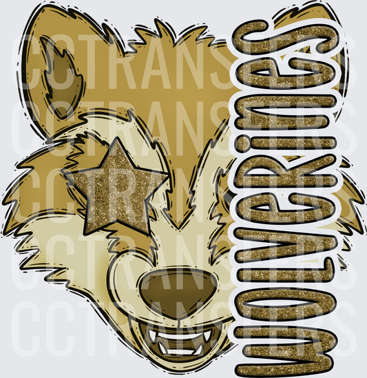 Glitter Wolverines Wolf Mascot Star Eyes Logo (DTF)