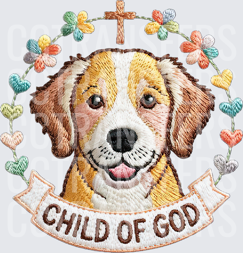 Embroidered Puppy Child Of God Cross Floral Wreath (DTF)
