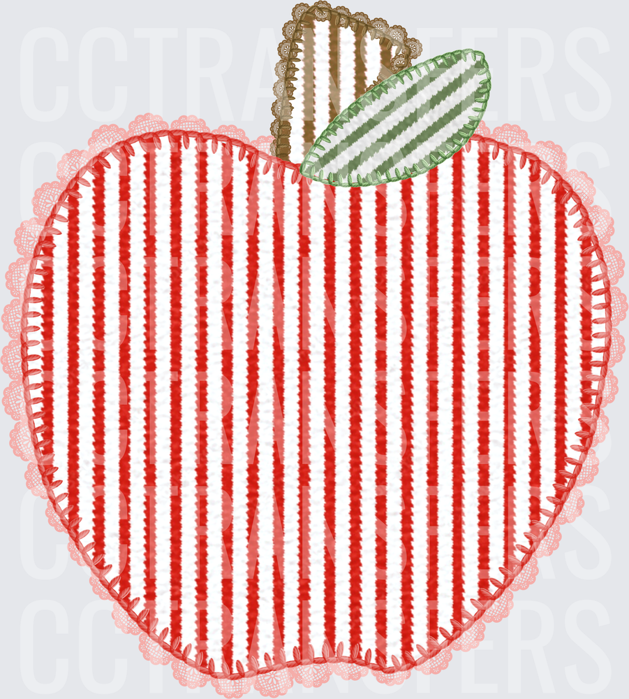 Red and White Striped Seersucker Apple with Lace Border (DTF)