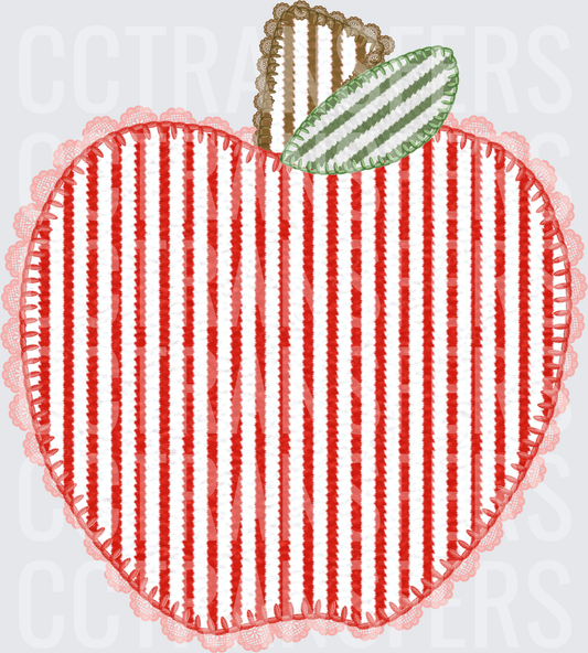 Red and White Striped Seersucker Apple with Lace Border (DTF)
