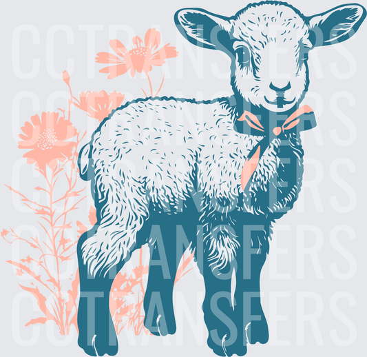 Teal Baby Lamb with Pink Bow and Wildflowers (DTF)
