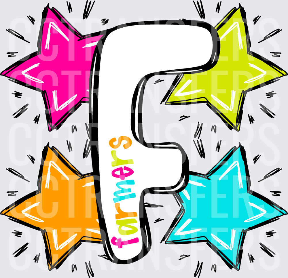 Bold Letter F Farmers Colorful Stars Sketch Design (DTF)