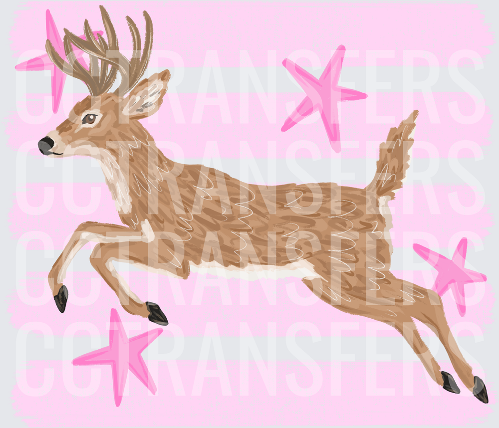 Leaping Buck Deer Pink Stripes Stars (DTF)