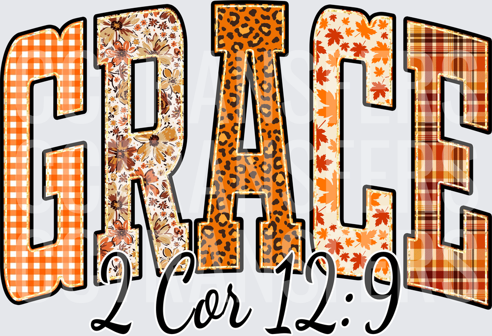 GRACE 2 Cor 12:9 Fall Patchwork Leopard Plaid Letters (DTF)