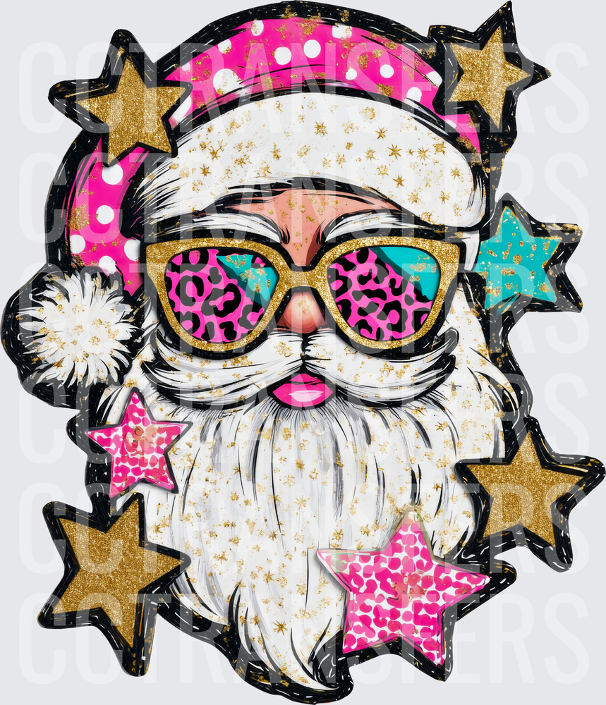 Glam Santa Gold Stars Leopard Print Sunglasses Pink Hat (DTF)