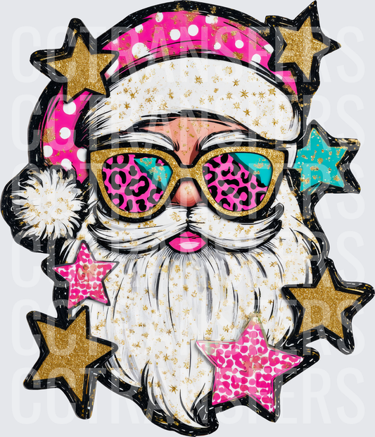 Glam Santa Gold Stars Leopard Print Sunglasses Pink Hat (DTF)