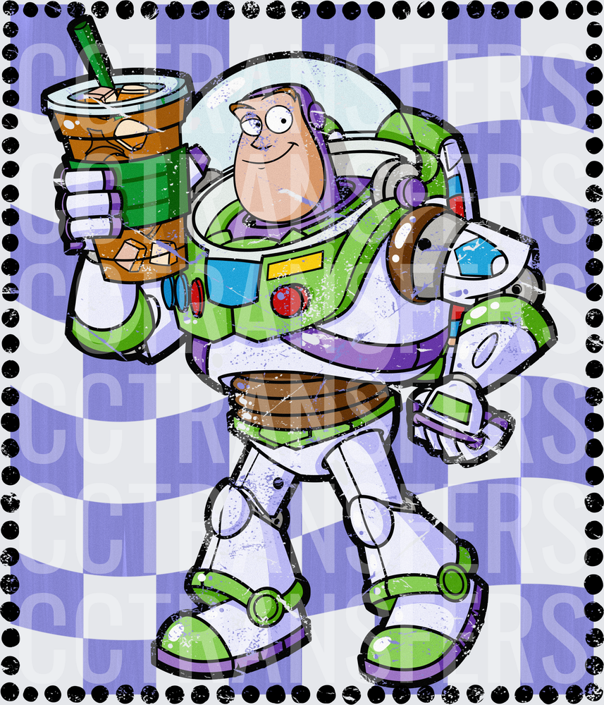 Space Ranger Holding Iced Coffee Purple Checker Stamp (DTF)
