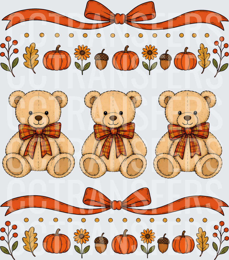 Autumn Teddy Bears Plaid Bows Pumpkin Fall Border (DTF)