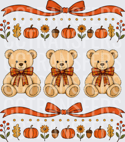 Autumn Teddy Bears Plaid Bows Pumpkin Fall Border (DTF)