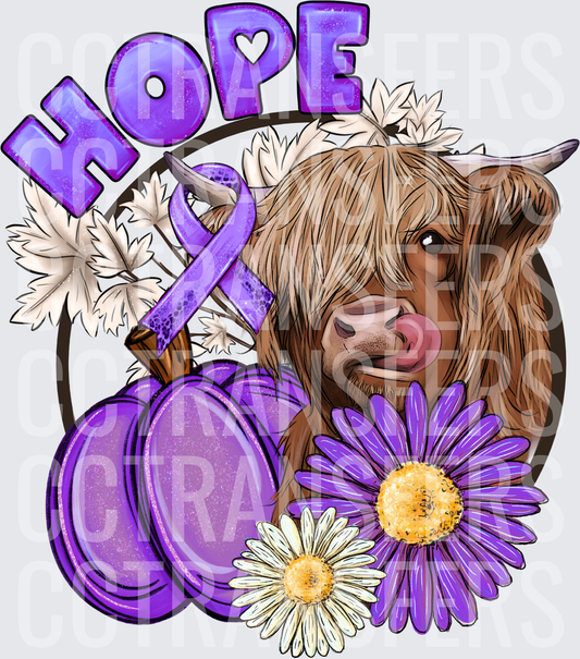 Hope Highland Cow Purple Awareness Ribbon Pumpkin Floral (DTF)