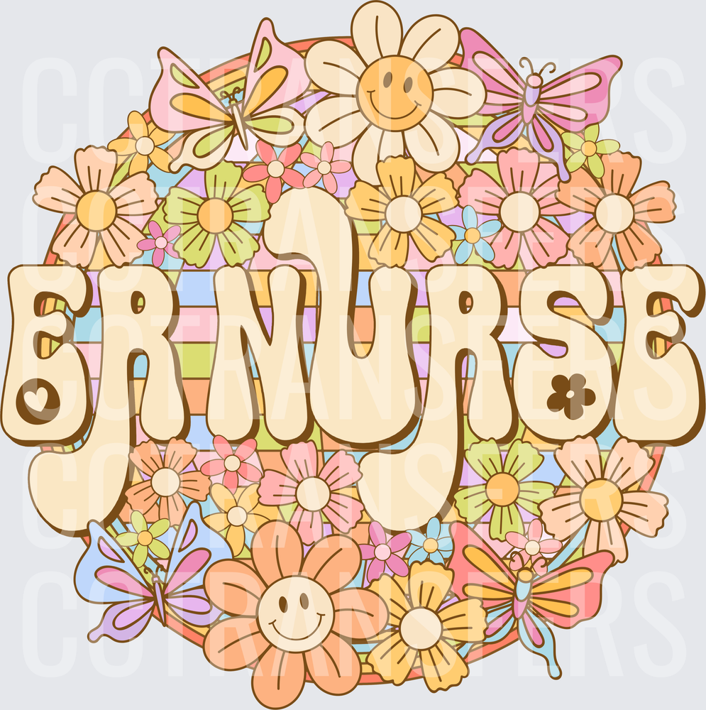 Retro Groovy ER Nurse Floral Smiley Butterfly Circle (DTF)