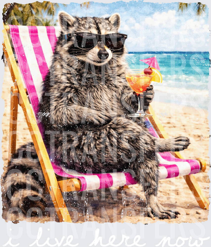 Relaxed Raccoon Sipping Cocktail on Beach Chair (DTF)