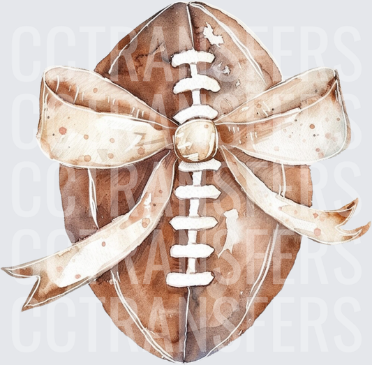 Watercolor Football with Cream Ribbon Bow (DTF)