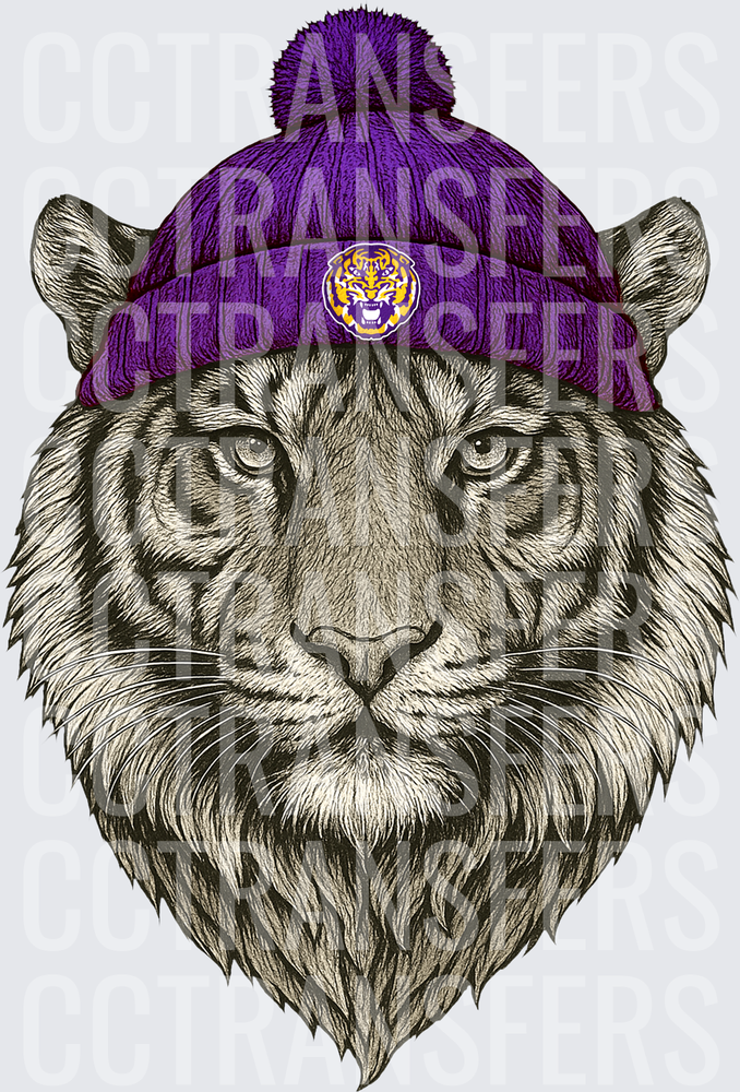 Detailed Tiger Portrait Purple Pom Beanie Hat (DTF)