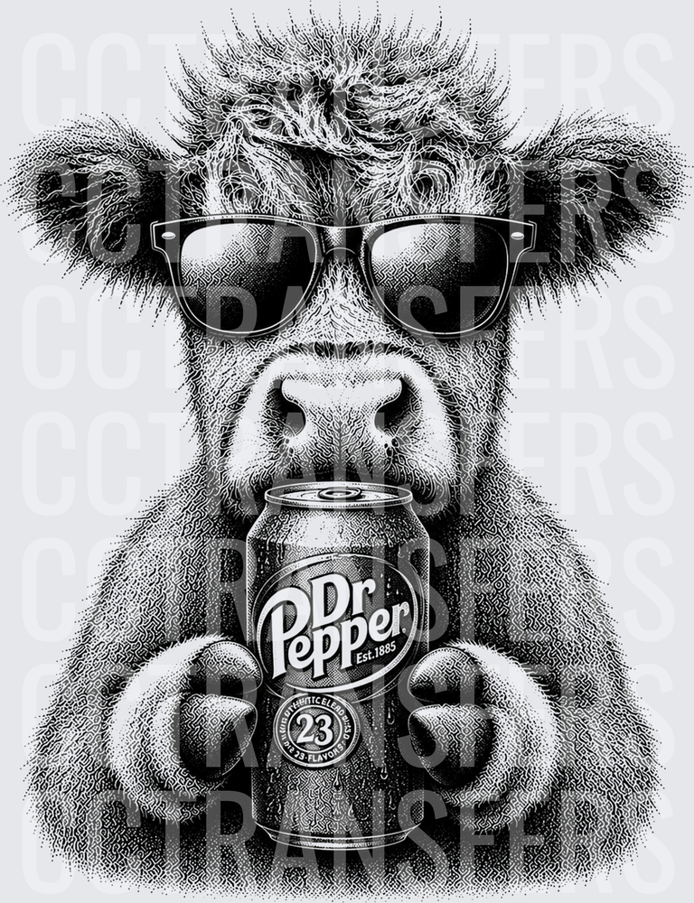 Fluffy Cow Wearing Sunglasses Holding Soda Can (DTF)