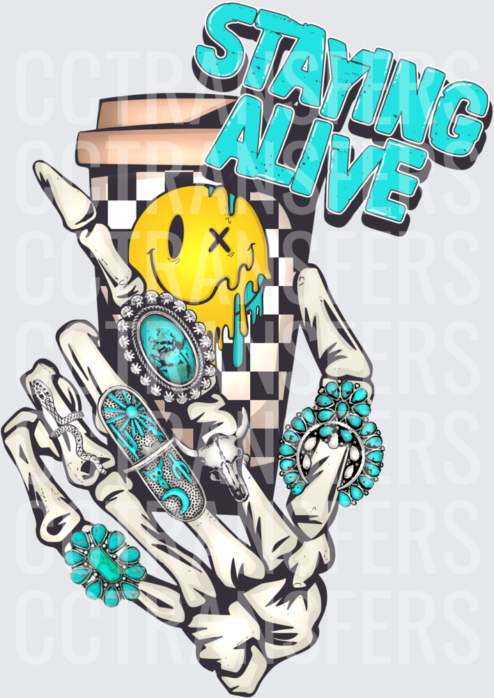 Staying Alive Skeleton Hand Coffee Cup Turquoise Rings (DTF)