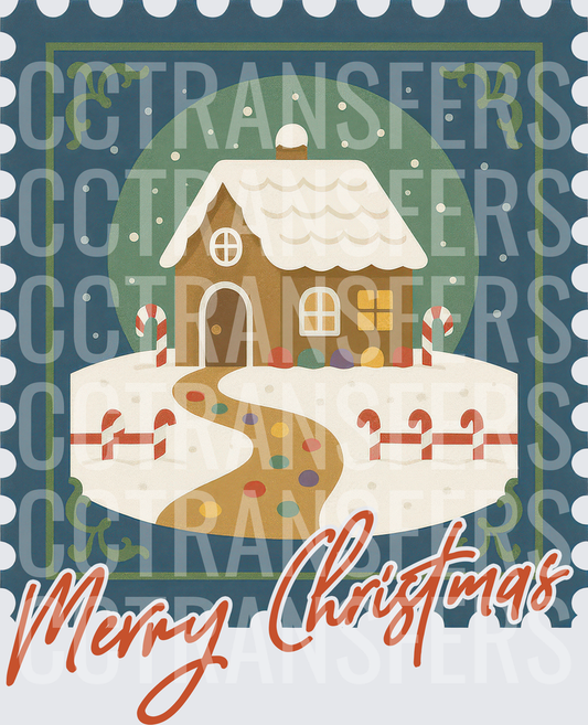 Merry Christmas Vintage Stamp Gingerbread House Snow (DTF)