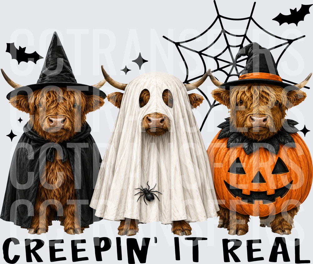Creepin It Real Halloween Highland Cows in Costumes (DTF)