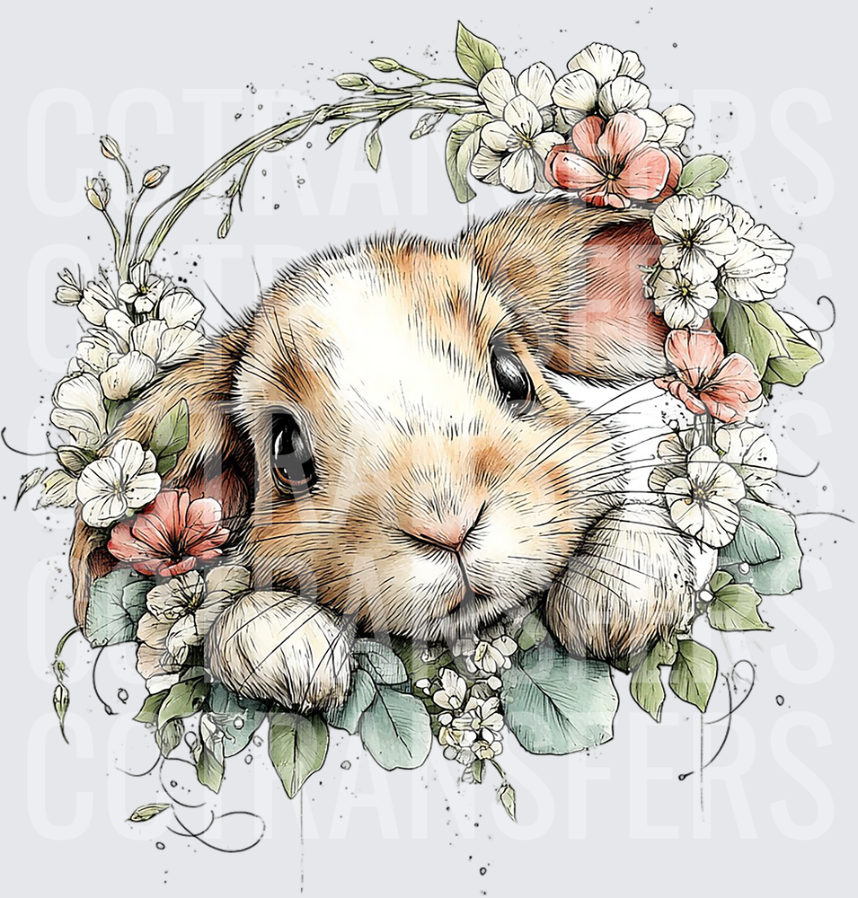 Adorable Bunny Nestled in Floral Wreath Watercolor (DTF)