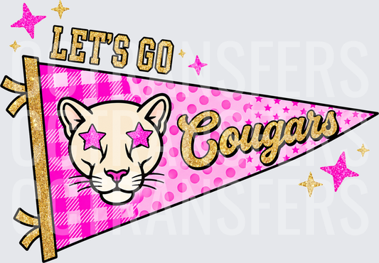 Let's Go Cougars Pink Plaid Pennant Flag Star Cat (DTF)