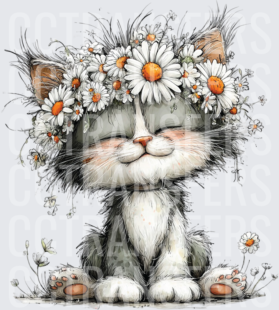 Fluffy Cat with Daisy Crown Sketch Illustration (DTF)