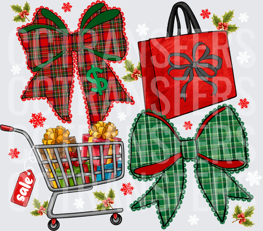 Christmas Shopping Plaid Bows Sale Cart Holly DTF