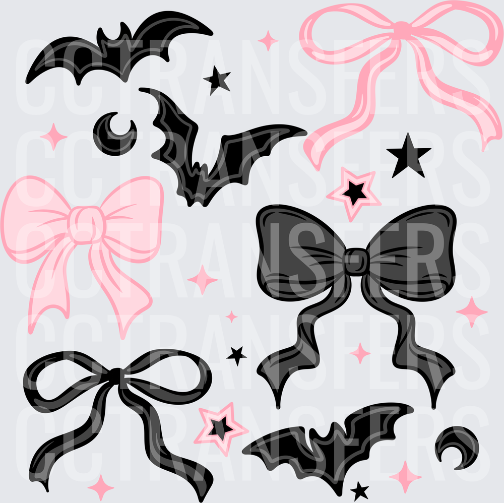 Coquette Goth Bats Bows Stars Crescent Moons Pink Black (DTF)