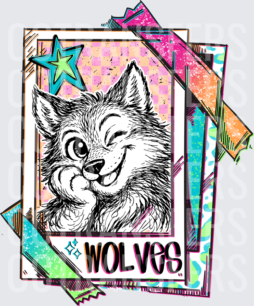 Smiling Wolf Portrait Retro Neon Card Stack Wolves (DTF)