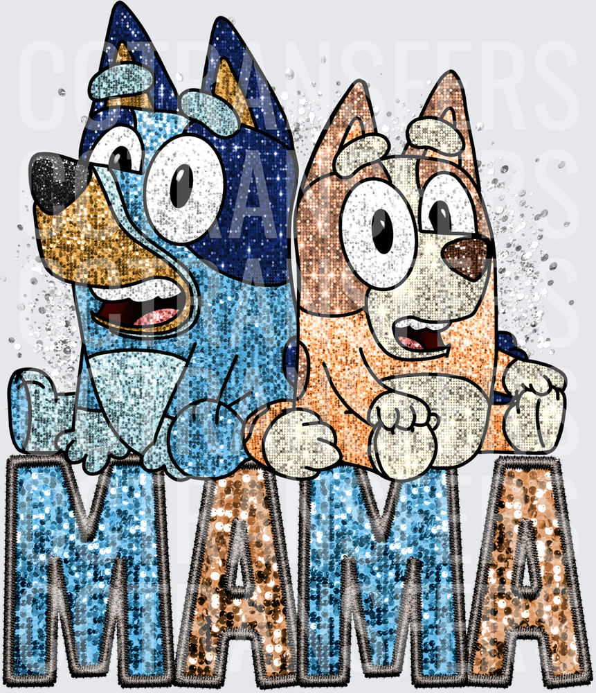 Glitter Sequin Blue & Orange Cartoon Dogs MAMA (DTF)