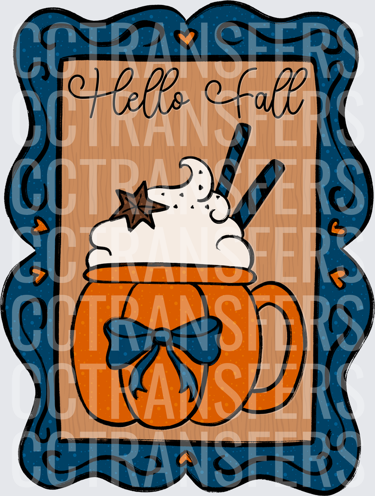 Hello Fall Pumpkin Mug Whipped Cream Blue Bow Frame (DTF)