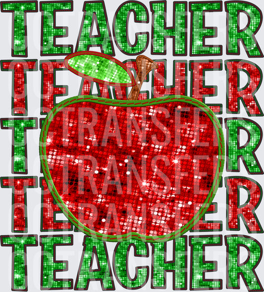 Sequin Glitter Teacher Stacked Word Apple (DTF)