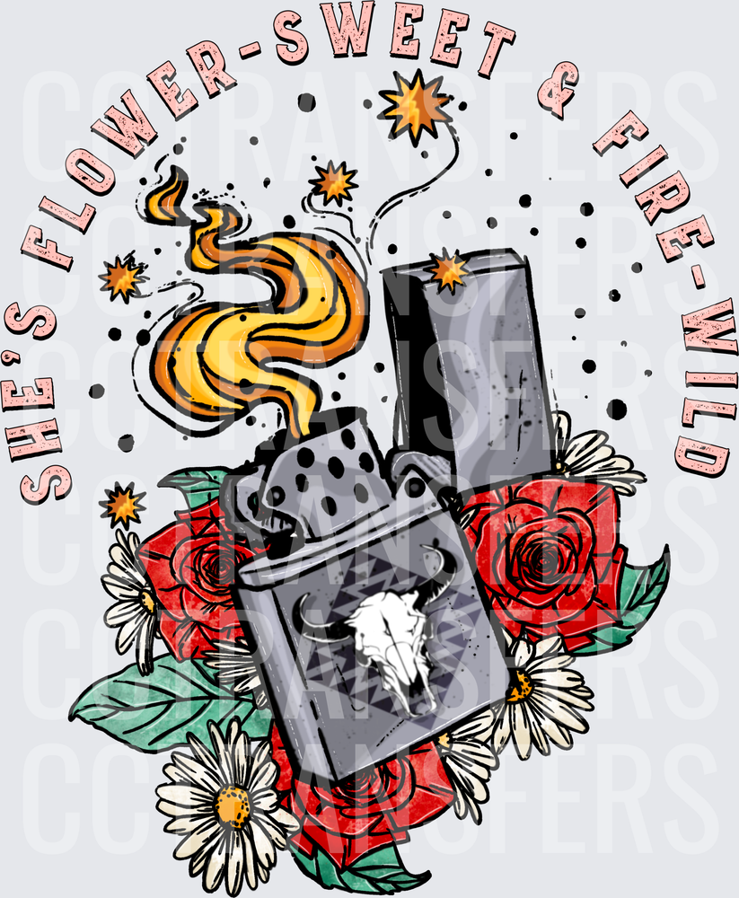 She's Flower-Sweet & Fire-Wild Lighter Roses Skull (DTF)