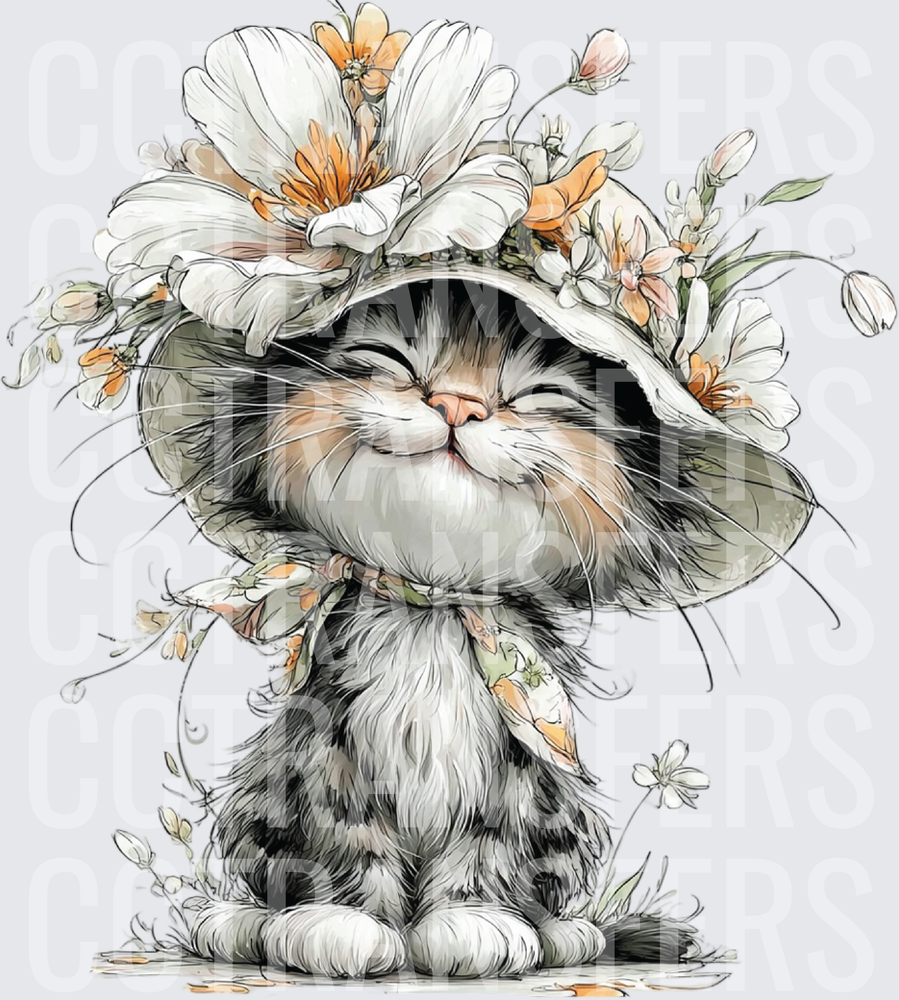 Smiling Fluffy Cat Floral Wide Brim Hat (DTF)