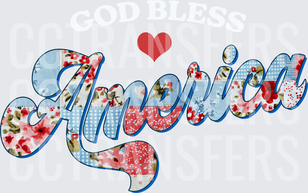 Patchwork Floral America Script with Red Heart (DTF)