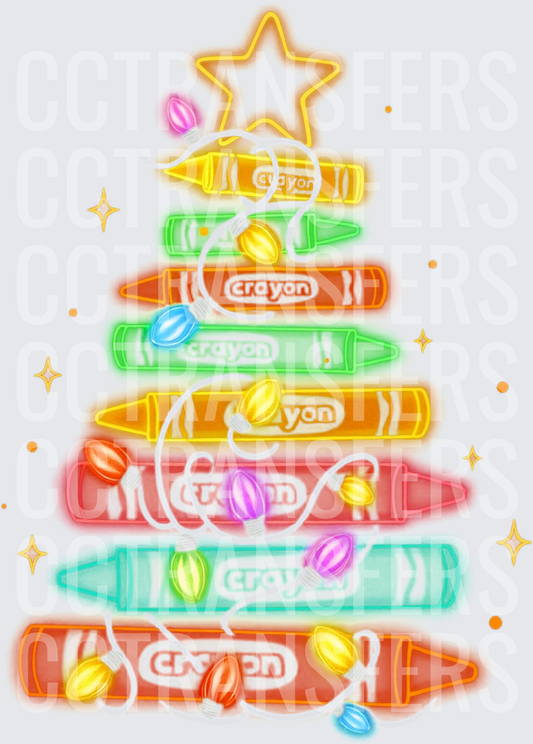 Colorful Crayon Christmas Tree with Lights and Star (DTF)