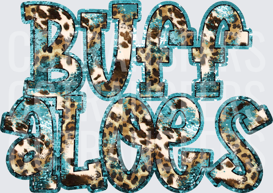 Buffaloes Teal Sequin Leopard Cowhide Bold Lettering (DTF)